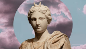 Selene greek goddess statue pink clouds