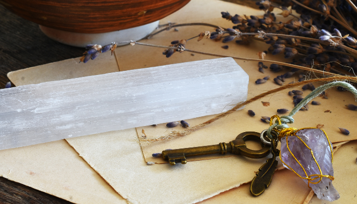 Selenite on desk with amethyst