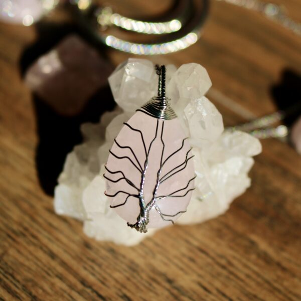 Rose quartz tree of life teardrop necklace