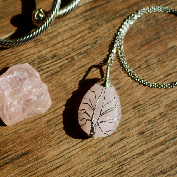 Rose quartz tree of life wire wrapped oval