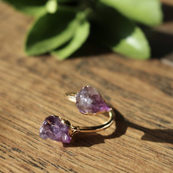 Natural raw amethyst double stone ring 03