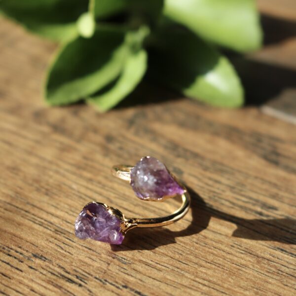 Natural raw amethyst double stone ring 04