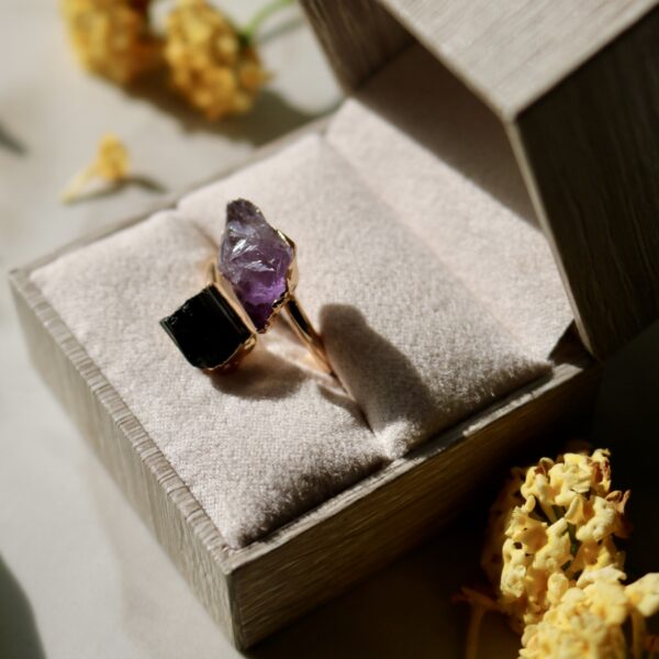 Natural raw amethyst tourmaline double stone ring