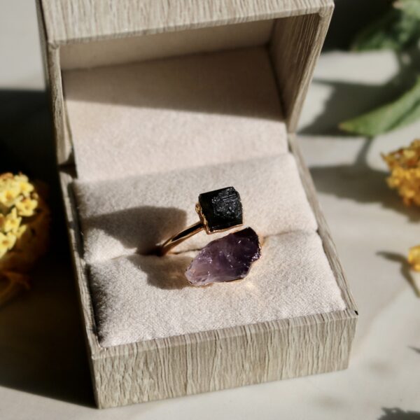 Natural raw amethyst tourmaline double stone ring