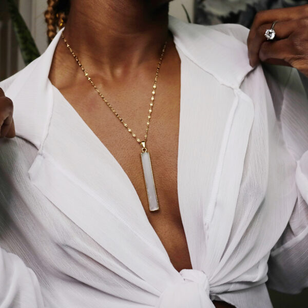 Raw satin spar selenite gold necklace preview
