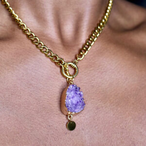 Natural raw amethyst necklace square front view