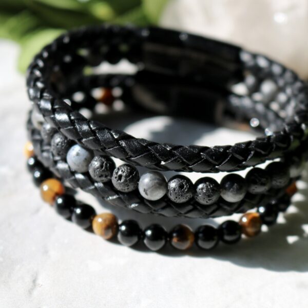 Men's black lava stone bracelet with black moonstone