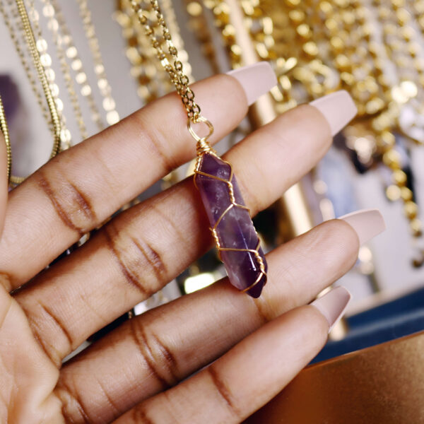 Amethyst crystal wire wrap necklace new moon gemstones crystal shop