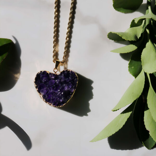 Deep purple amethyst heart geode gold necklace new moon gemstones crystal shop