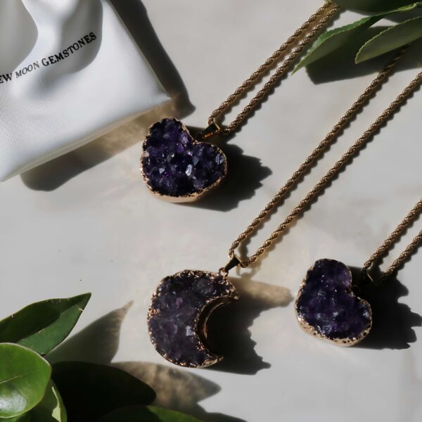 Deep purple amethyst heart geode gold necklace new moon gemstones crystal shop