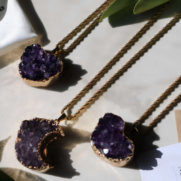 Deep purple amethyst heart geode gold necklace new moon gemstones crystal shop