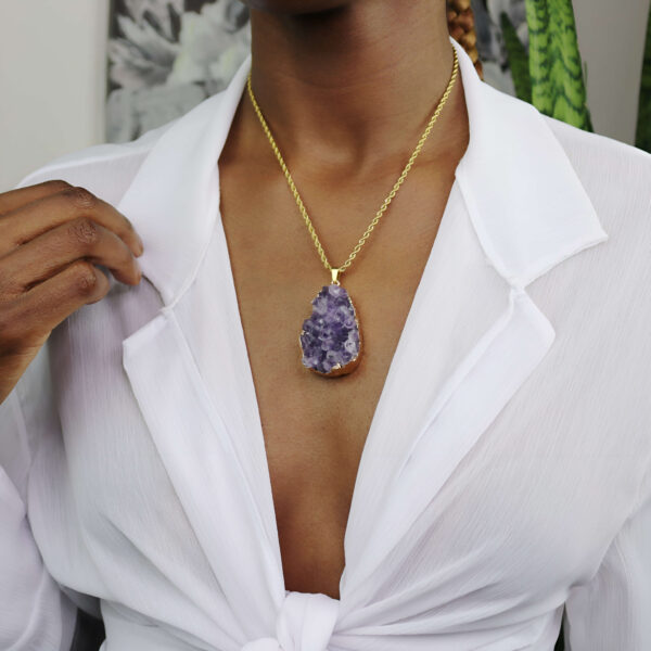 Large amethyst druzy gold rope necklace