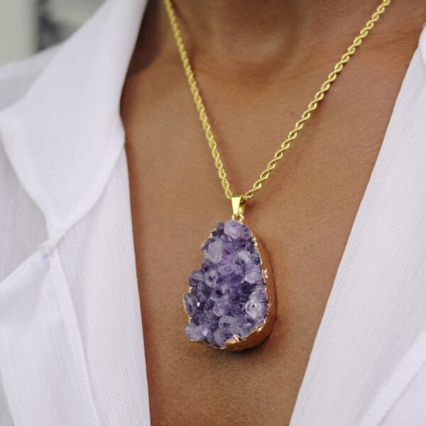 Large amethyst druzy gold rope necklace