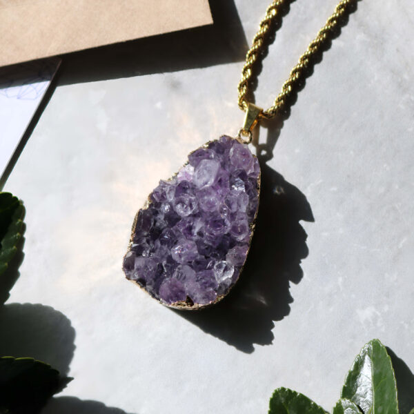 Large amethyst druzy gold rope necklace