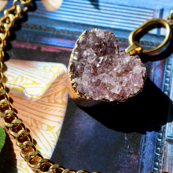 Large amethyst heart druzy chain necklace