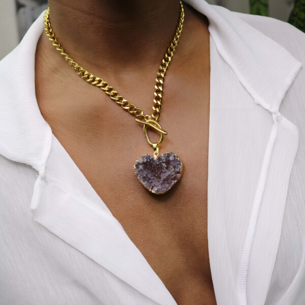 Large amethyst heart druzy chain necklace