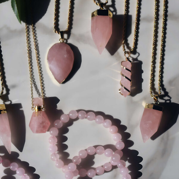 Rose quartz crystal gold necklace collection new moon gemstones crystal shop
