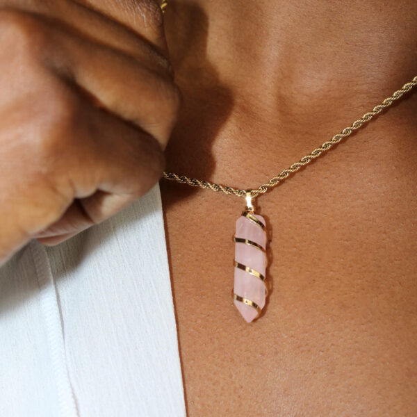 Rose quartz wire wrapped rope necklace new moon gemstones crystal shop