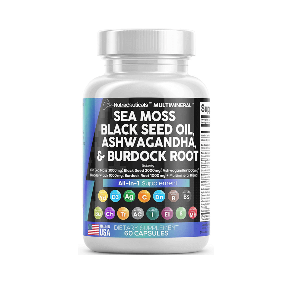 Sea moss 3000mg black seed oil 2000mg ashwagandha 1000mg turmeric 1000mg bladderwrack 1000mg burdock 1000mg vitamin c vitamin d3 with elderberry manuka dandelion yellow dock iodine chlorophyll